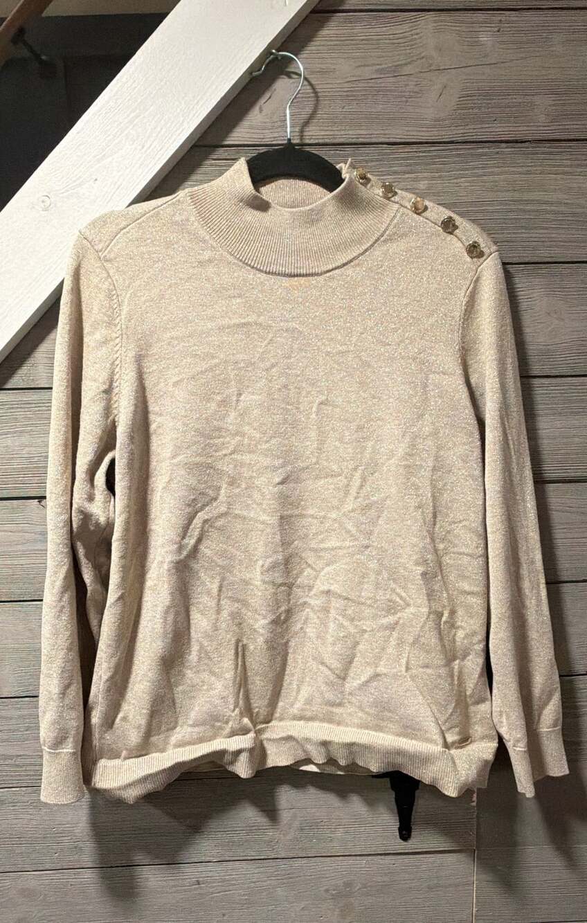 Calvin Klein Mock Neck Sweater Size XL Gold Button Metallic Knit Top